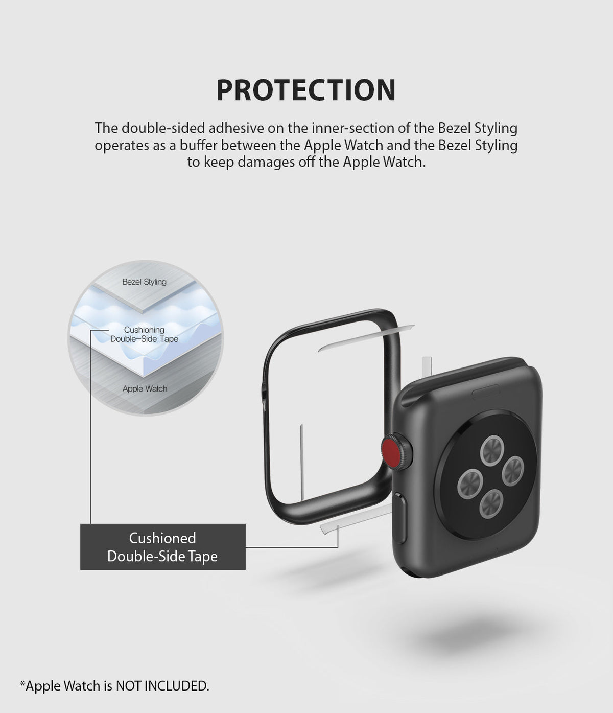 Apple Watch 3 / 2 / 1 (42mm) | Bezel Styling - Diagram showing adhesive tape between a watch bezel and Apple Watch.