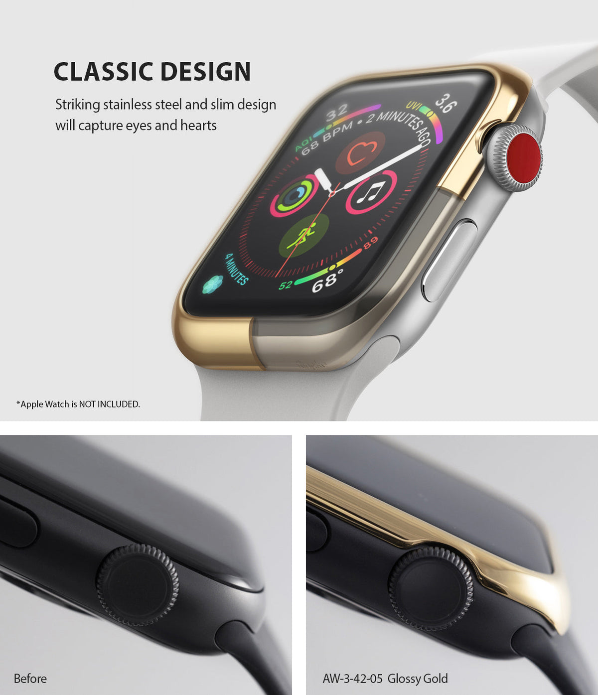 Apple Watch 3 / 2 / 1 (42mm) | Bezel Styling - Gold adhesive bezel styling on an Apple Watch, showing before and after.