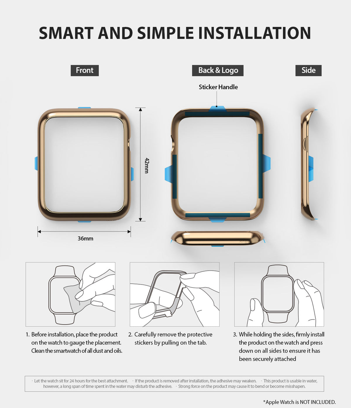 Apple Watch 3 / 2 / 1 (42mm) | Bezel Styling - Diagrams showing the gold bezel frame and three-step installation guide.