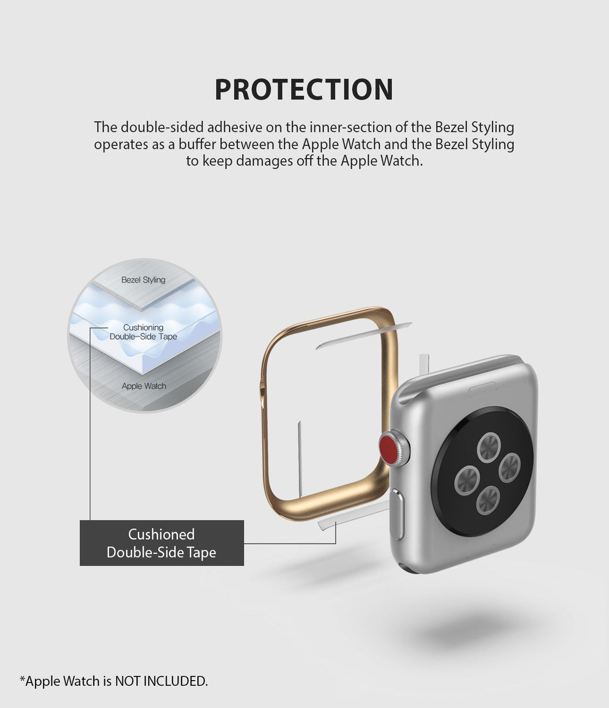 Apple Watch 3 / 2 / 1 (42mm) | Bezel Styling - Diagram showing a gold bezel ring, adhesive tape, and Apple Watch casing.