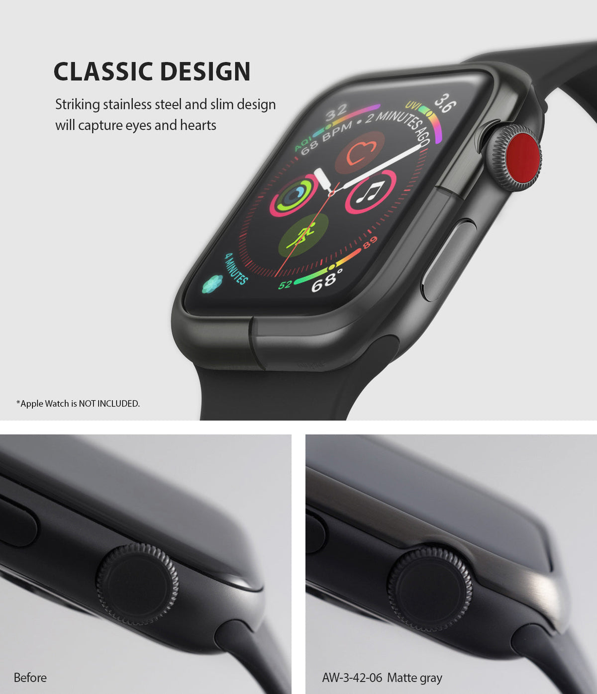 Apple Watch 3 / 2 / 1 (42mm) | Bezel Styling - Matte gray stainless steel bezel cover on an Apple Watch.
