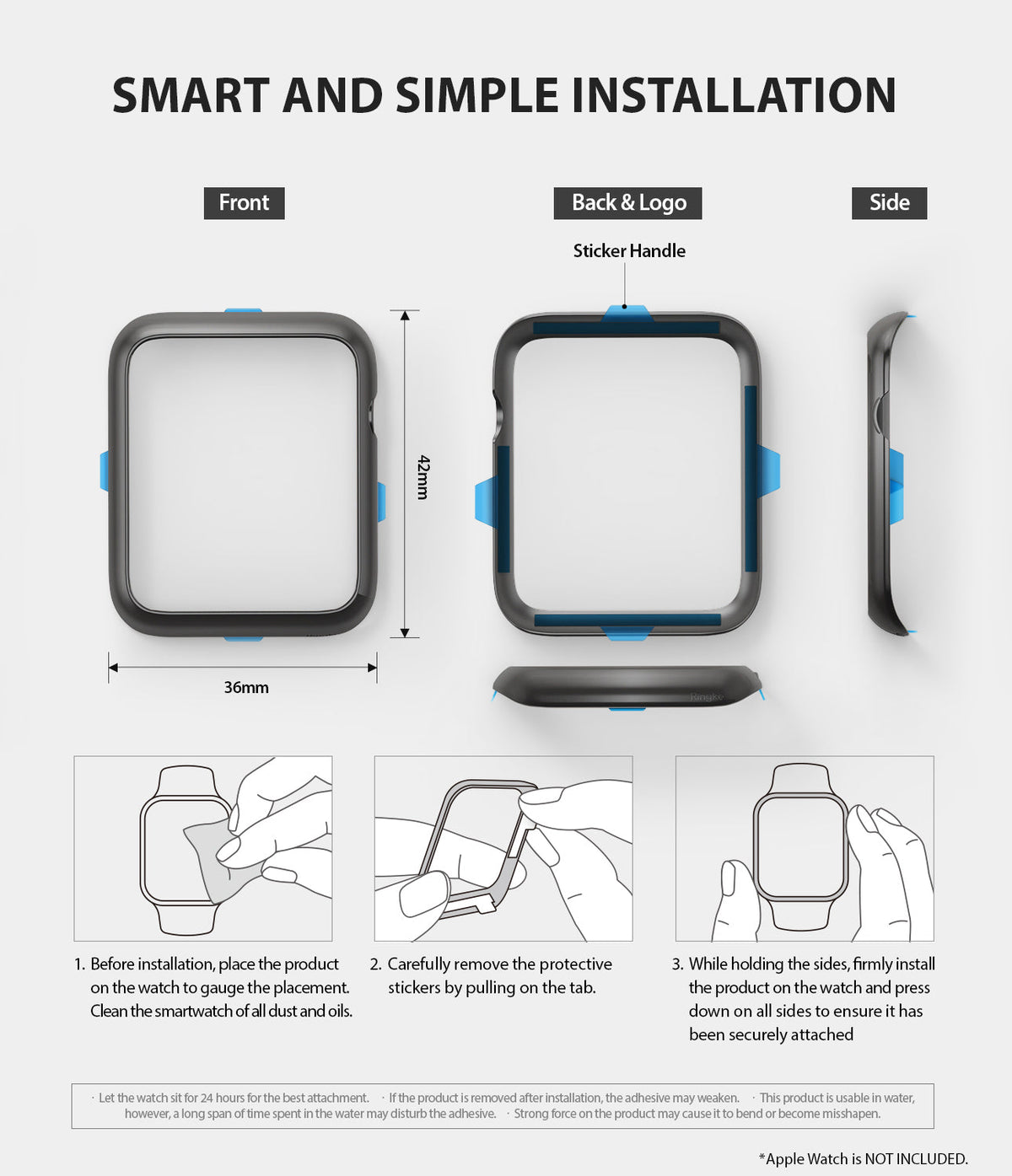 Apple Watch 3 / 2 / 1 (42mm) | Bezel Styling - Diagram showing dimensions and three-step installation of an adhesive watch bezel.
