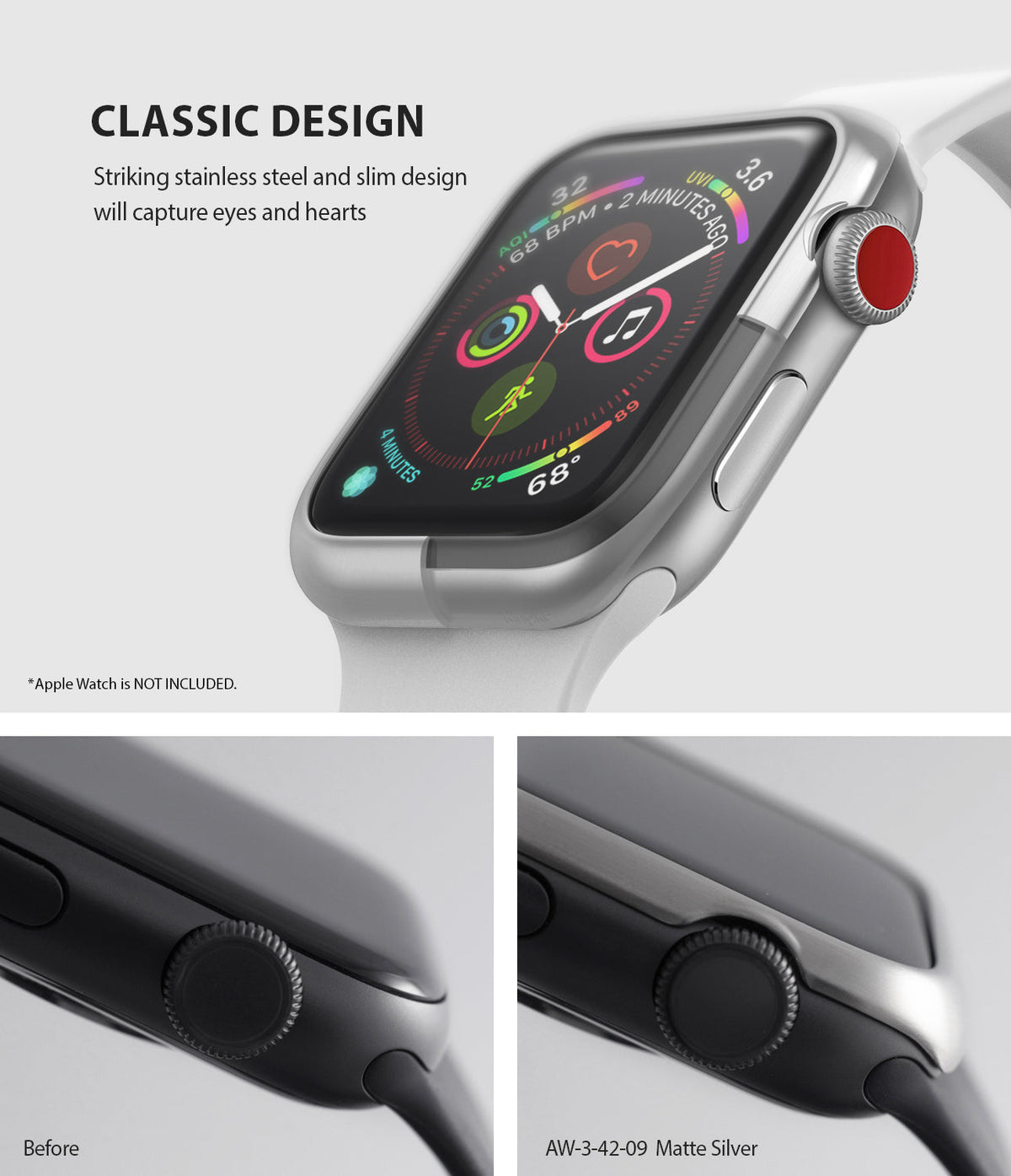 Apple Watch 3 / 2 / 1 (42mm) | Bezel Styling - Matte silver bezel accessory on an Apple Watch with comparison views.