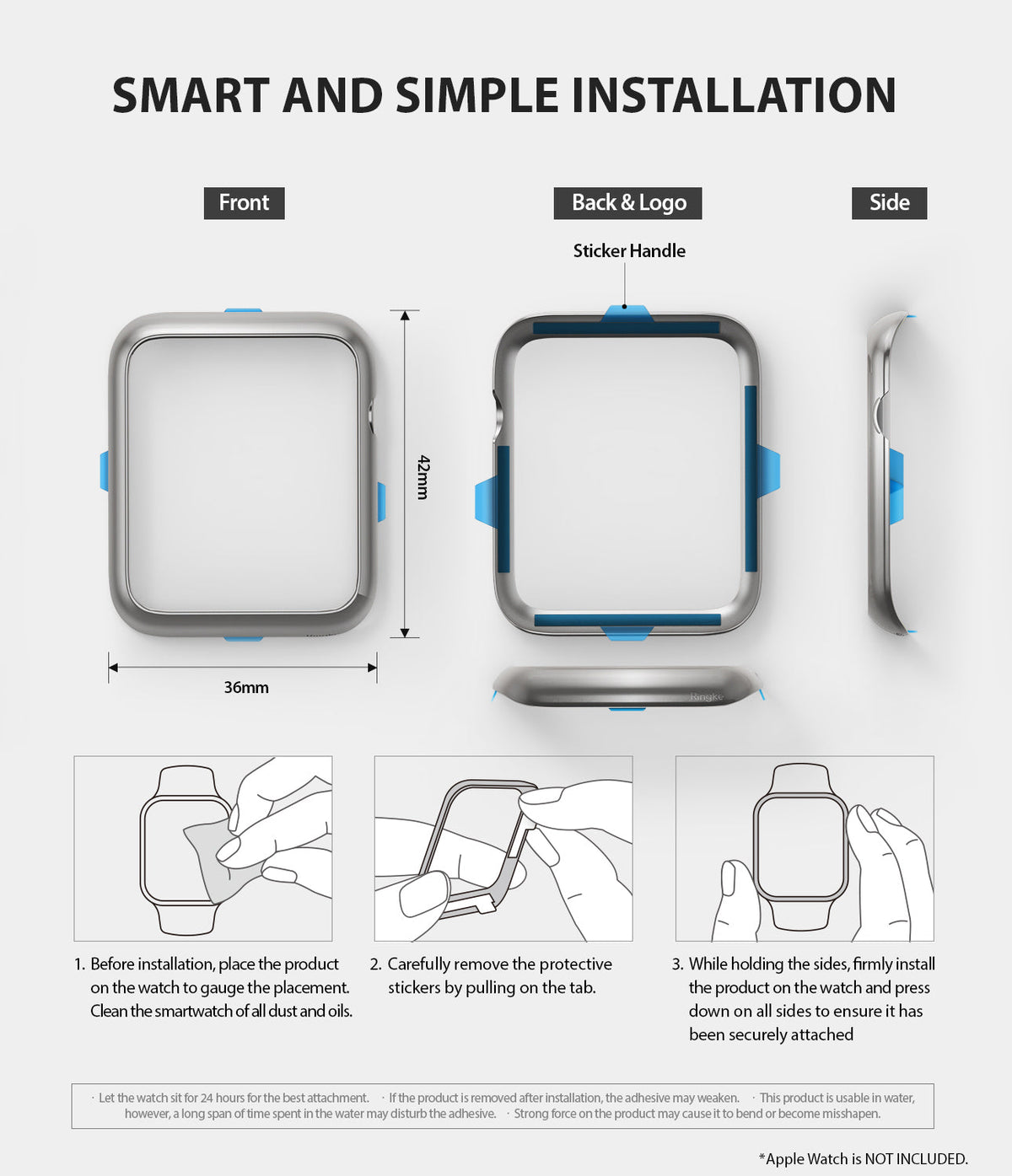Apple Watch 3 / 2 / 1 (42mm) | Bezel Styling - Diagrams showing dimensions and three-step installation of a bezel cover.