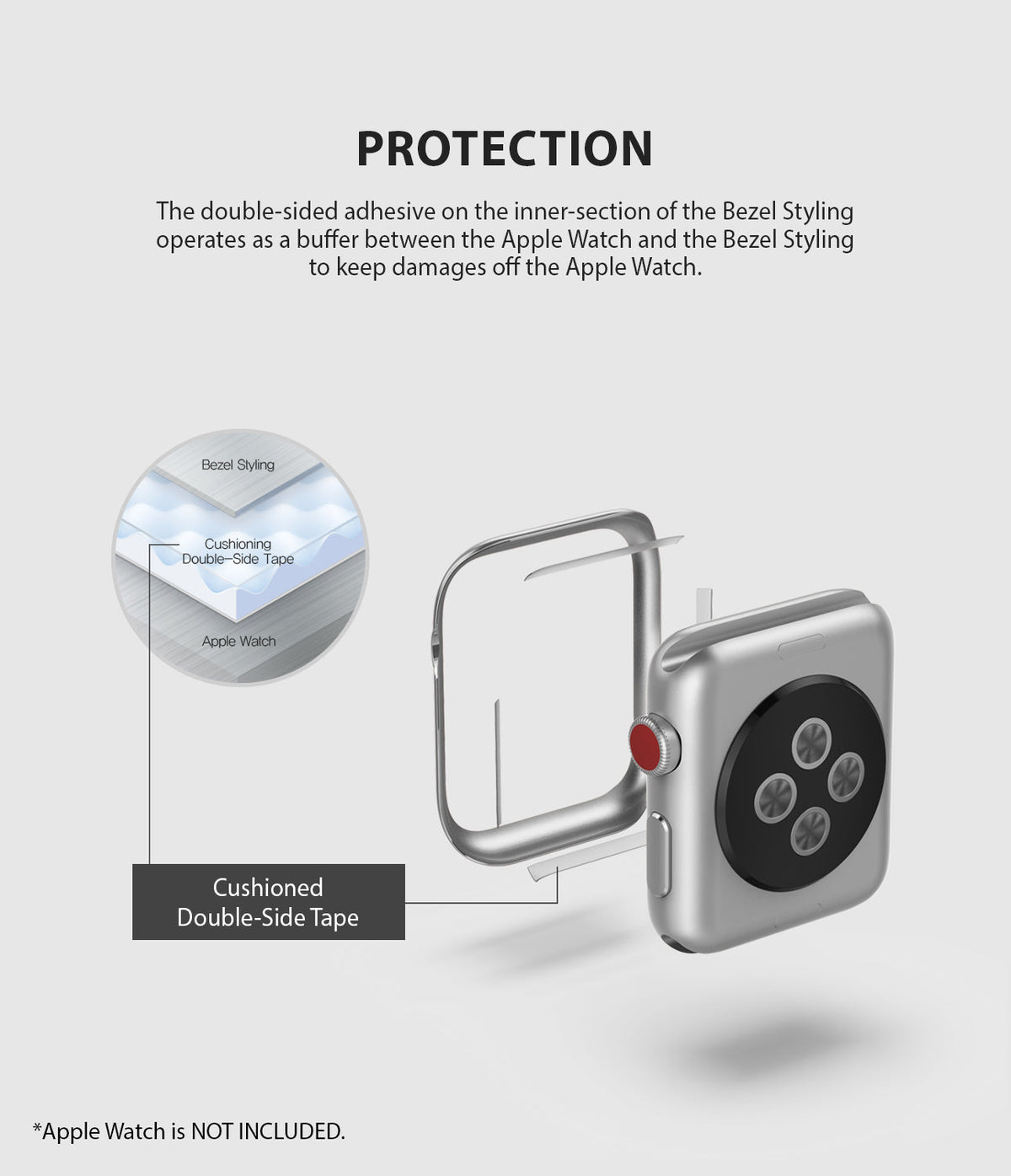 Apple Watch 3 / 2 / 1 (42mm) | Bezel Styling - Diagram showing adhesive tape cushioning between Apple Watch and bezel.