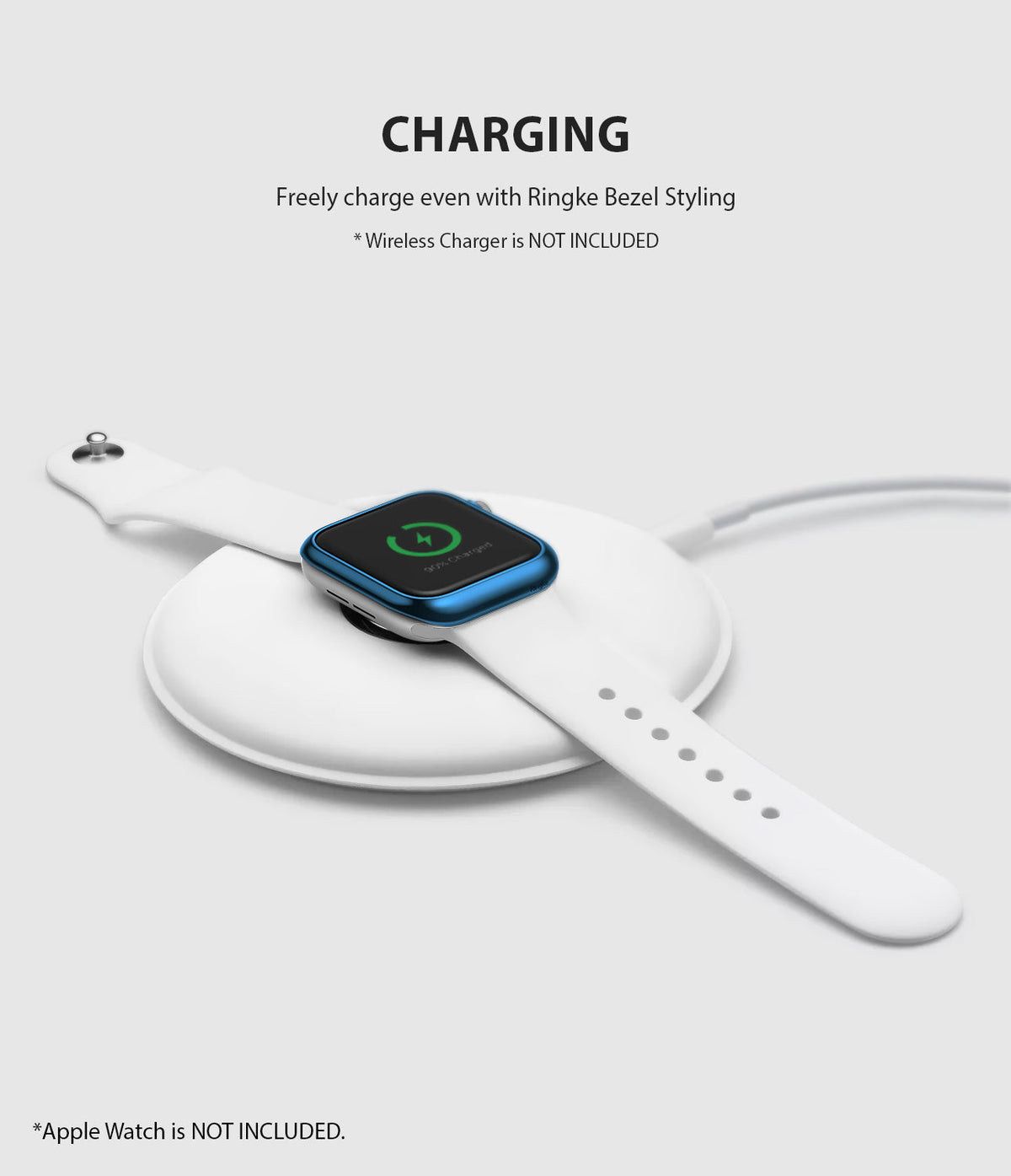 Apple Watch 3 / 2 / 1 (42mm) | Bezel Styling - Apple Watch with blue bezel styling charging on a white wireless pad.