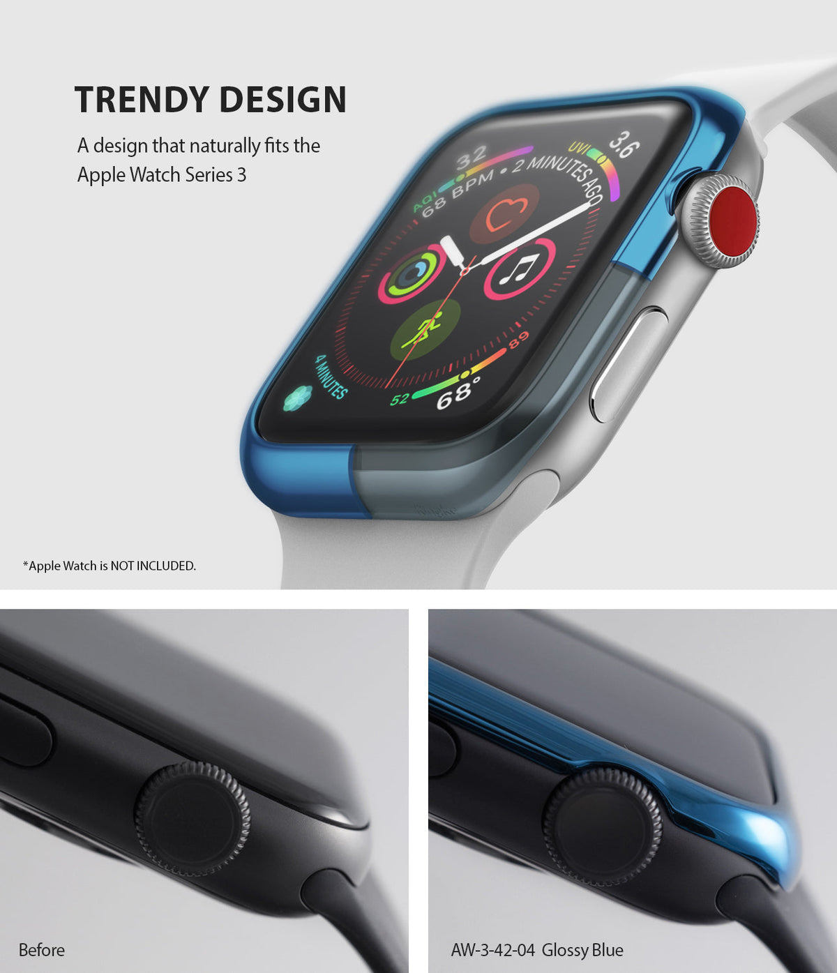Apple Watch 3 / 2 / 1 (42mm) | Bezel Styling - Glossy blue metallic bezel cover on an Apple Watch, showing before and after.