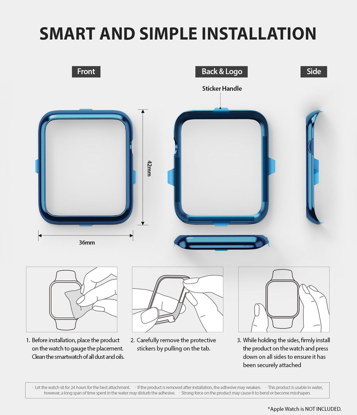 Apple Watch 3 / 2 / 1 (42mm) | Bezel Styling - Diagrams showing dimensions and three-step installation of a blue bezel.