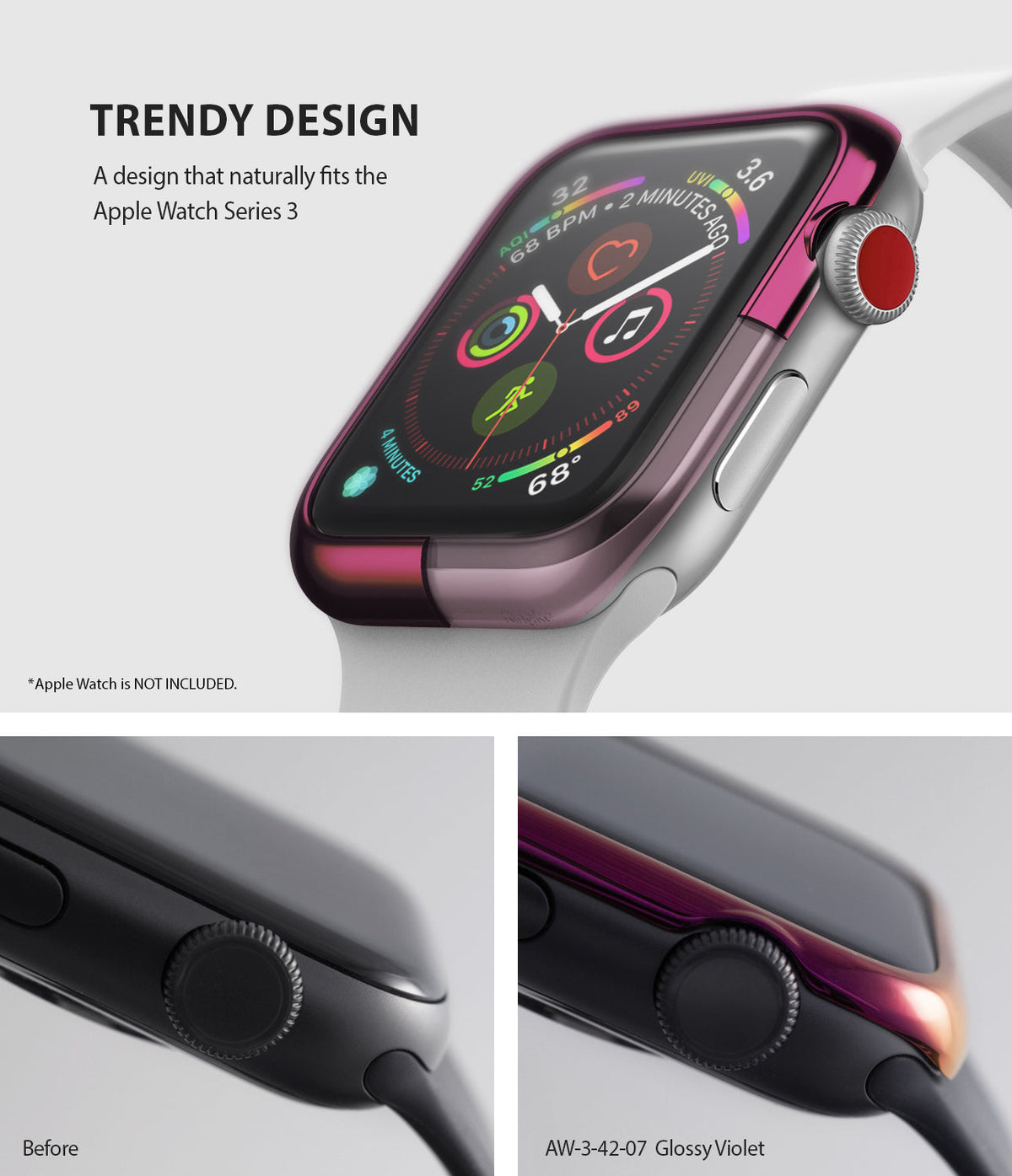 Apple Watch 3 / 2 / 1 (42mm) | Bezel Styling - Glossy violet bezel styling accessory attached to an Apple Watch.