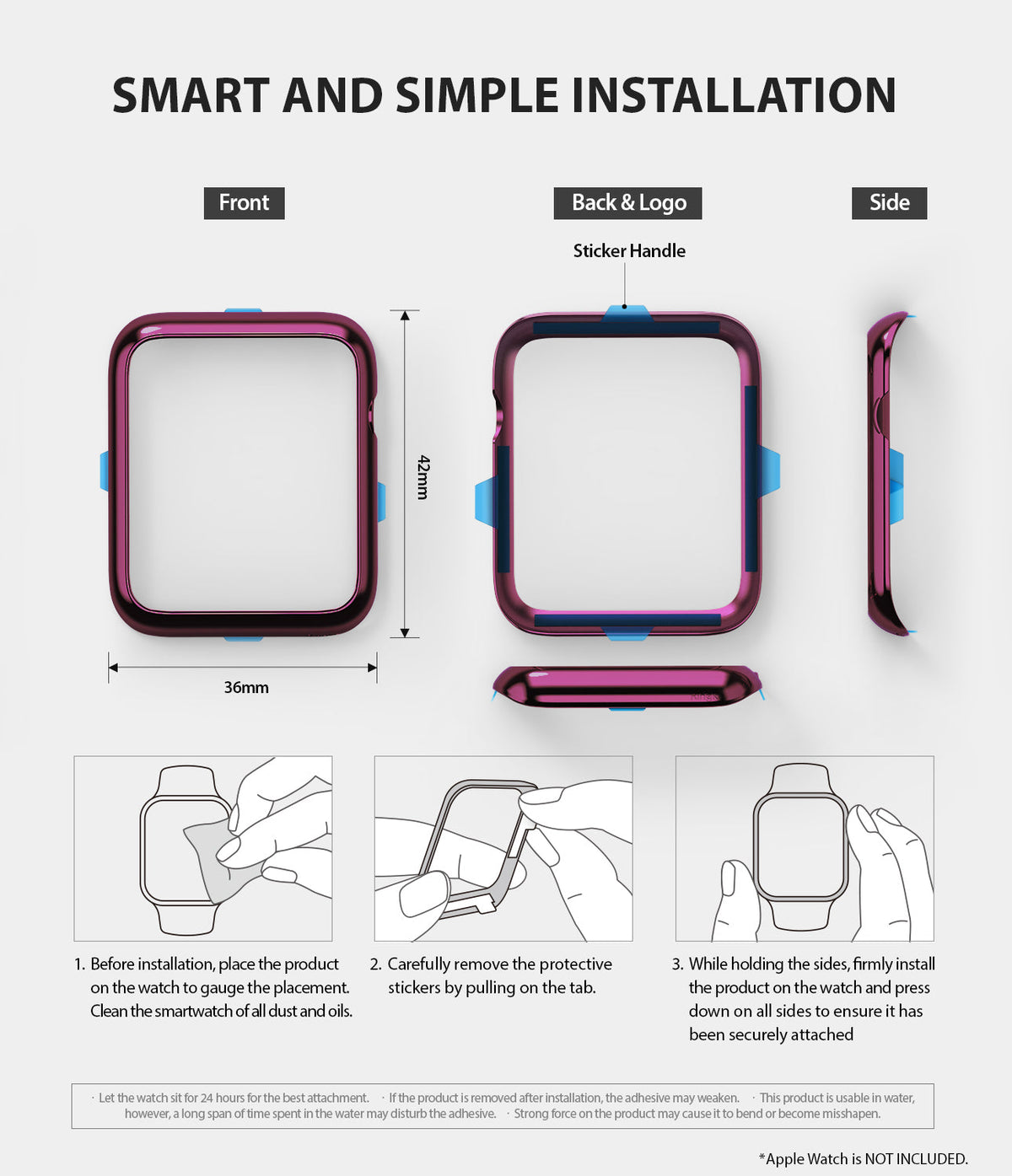 Apple Watch 3 / 2 / 1 (42mm) | Bezel Styling - Installation guide showing front, back, and side views of the bezel with steps.