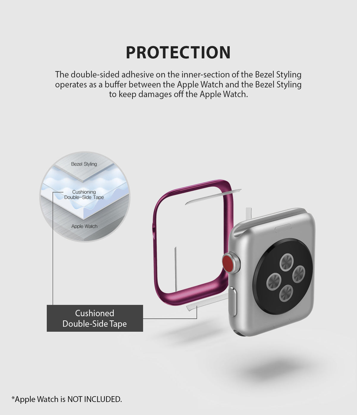 Apple Watch 3 / 2 / 1 (42mm) | Bezel Styling - Diagram showing adhesive tape between a purple watch bezel and watch case.