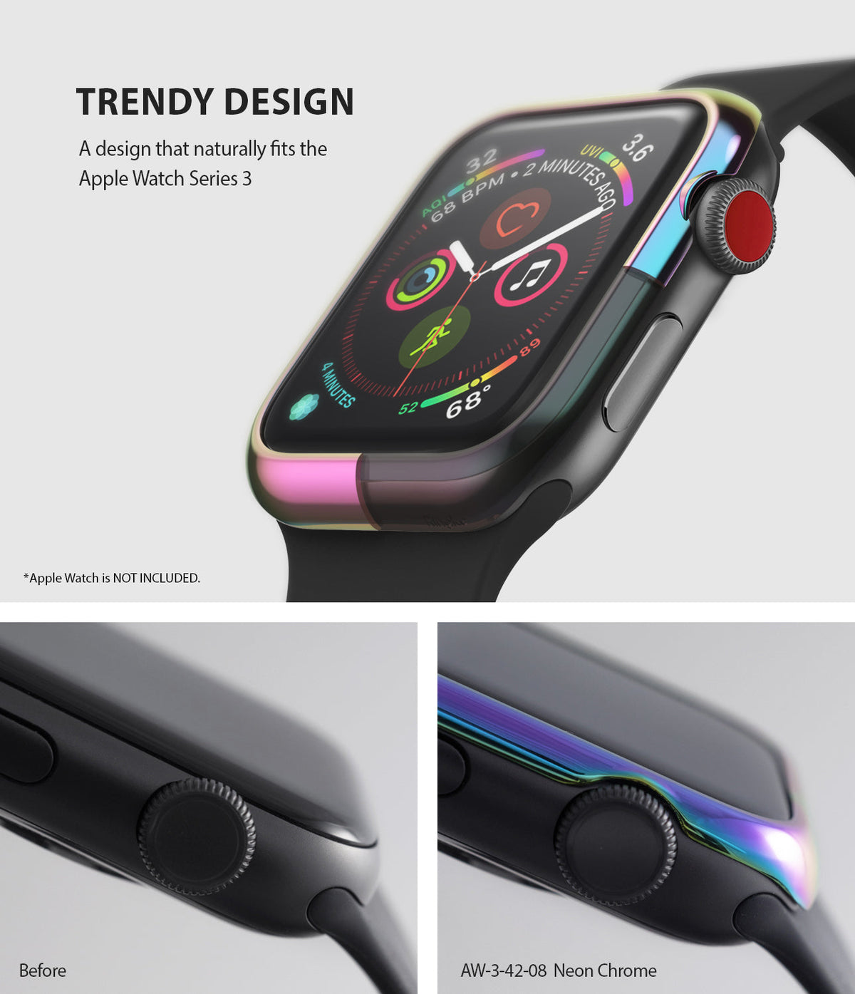 Apple Watch 3 / 2 / 1 (42mm) | Bezel Styling - Neon chrome bezel cover on an Apple Watch compared to a plain watch.