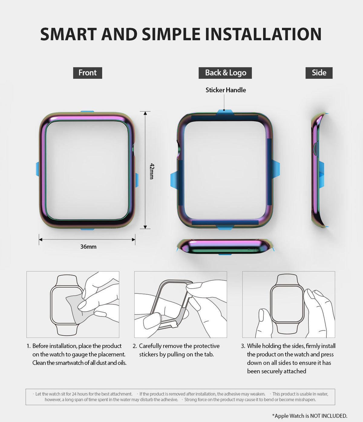 Apple Watch 3 / 2 / 1 (42mm) | Bezel Styling - Installation guide showing front, back, and side views of a bezel.