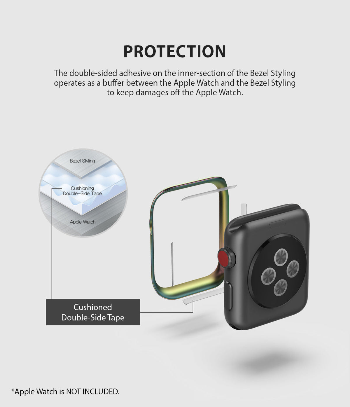 Apple Watch 3 / 2 / 1 (42mm) | Bezel Styling - Diagram showing adhesive tape between a watch bezel and Apple Watch.