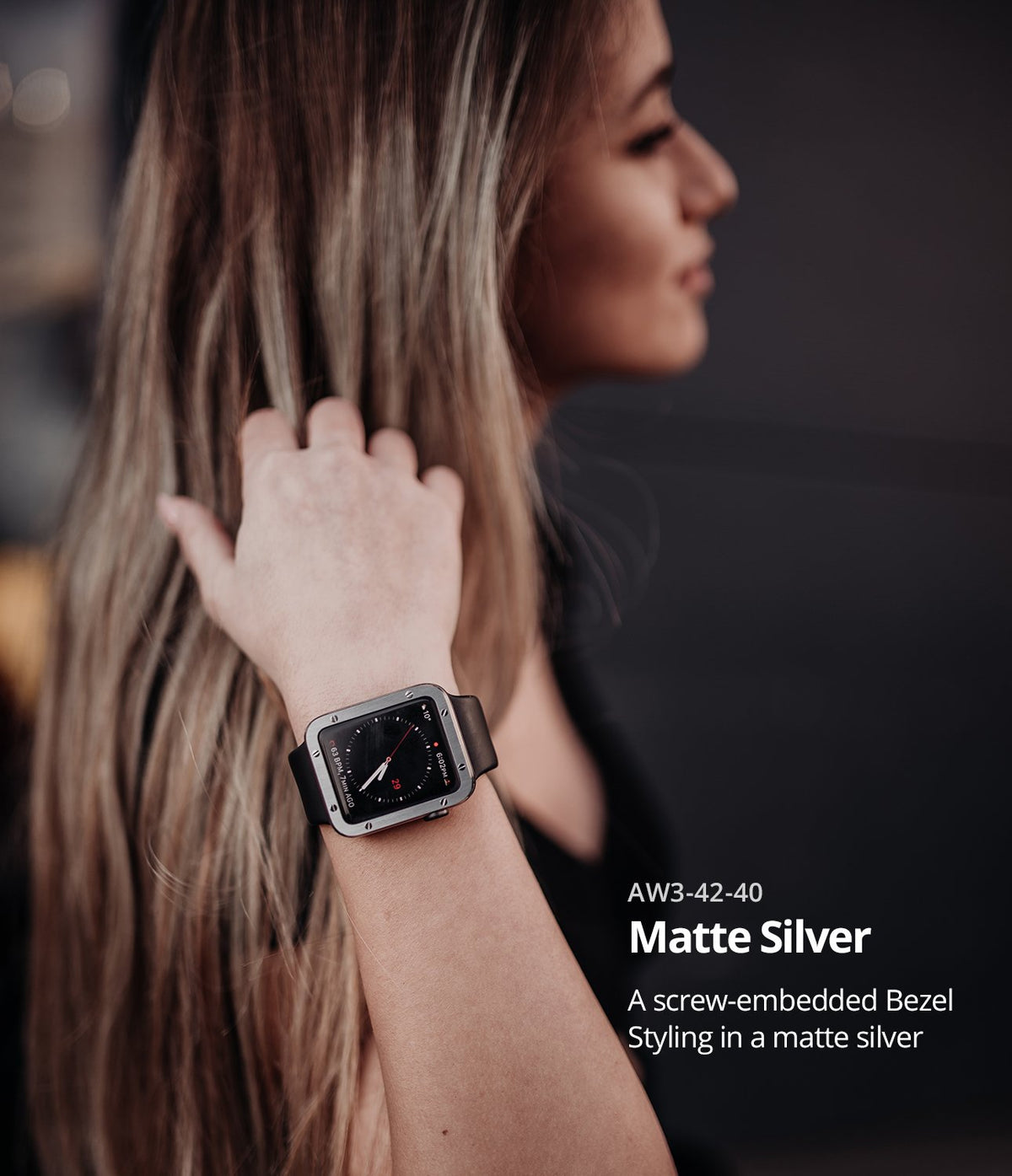 Apple Watch Series 3 / 2 / 1 (42mm) | Premium Bezel Styling H - Woman wearing a matte silver screw-embedded watch bezel.