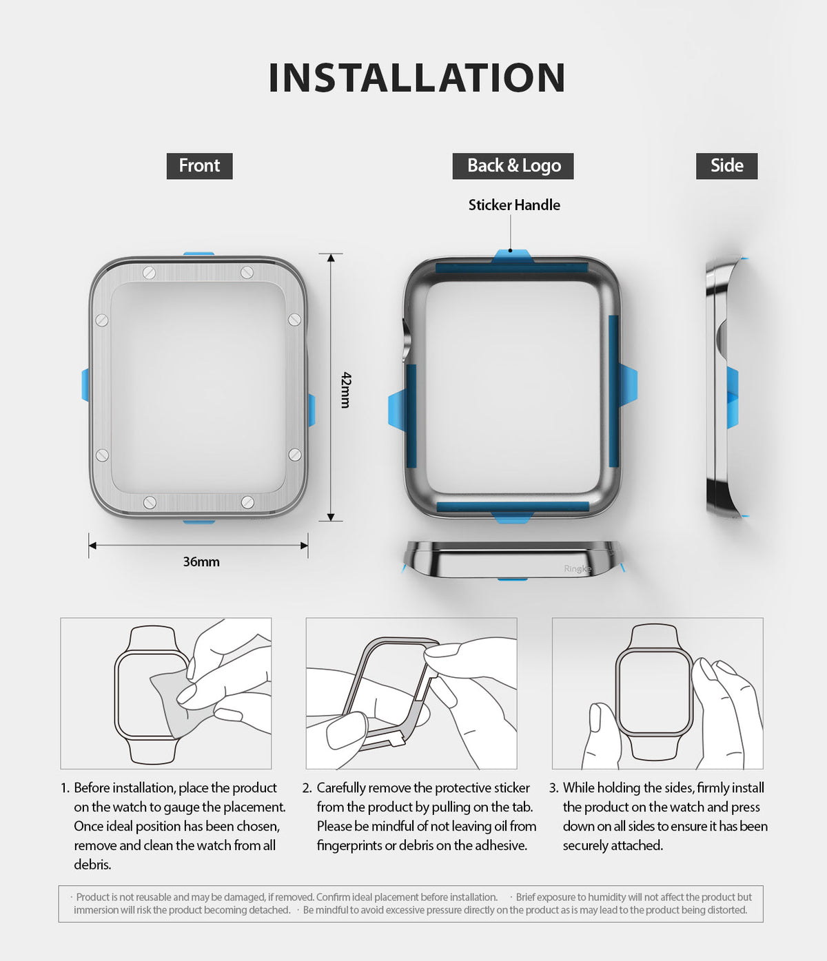 Apple Watch Series 3 / 2 / 1 (42mm) | Premium Bezel Styling H - Installation guide showing bezel dimensions and steps.