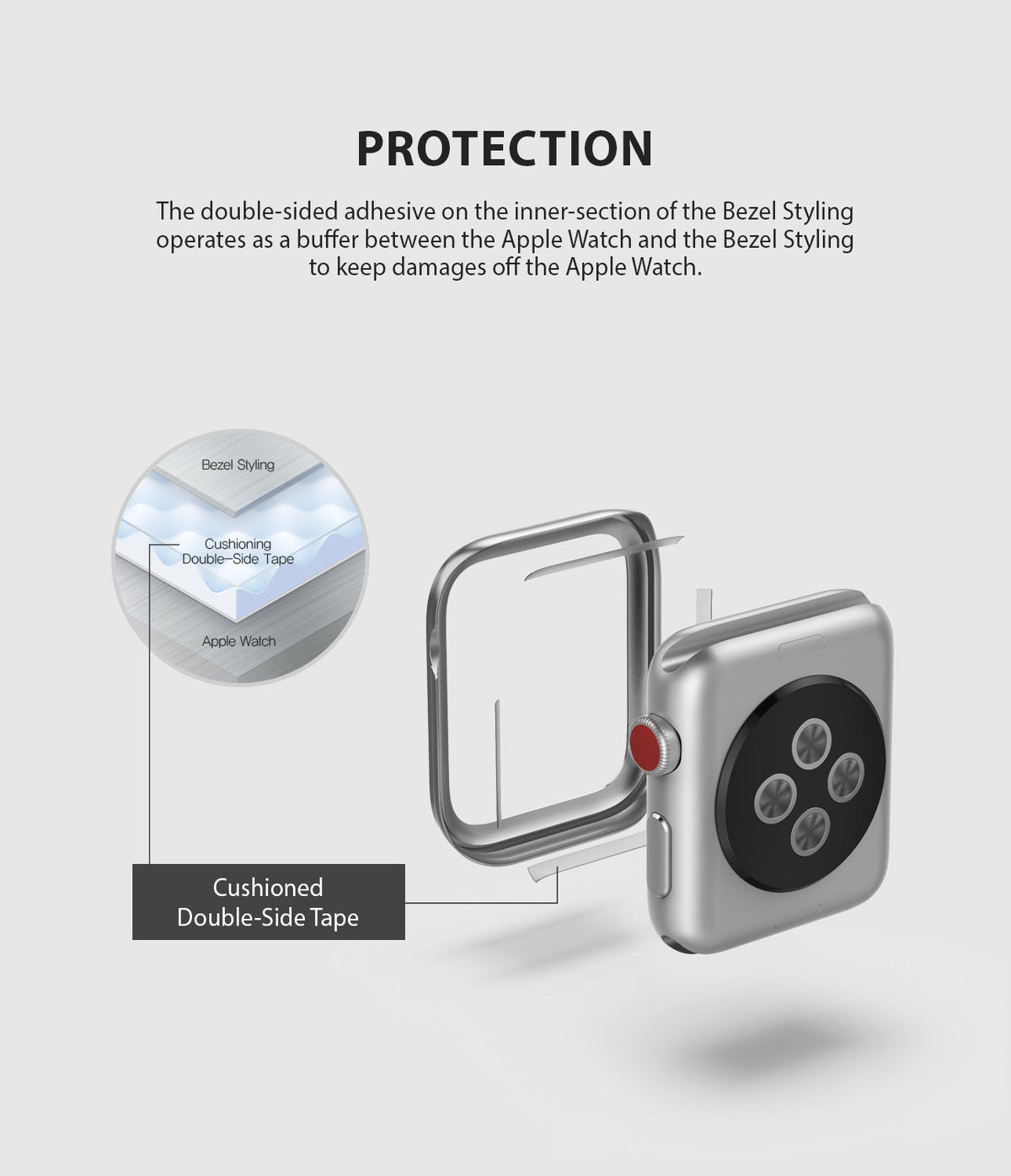 Apple Watch Series 3 / 2 / 1 (42mm) | Premium Bezel Styling H - Diagram showing adhesive tape between watch and bezel.