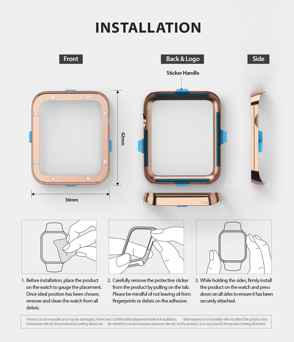 Apple Watch Series 3 / 2 / 1 (42mm) | Premium Bezel Styling H - Installation guide showing bezel dimensions and steps.