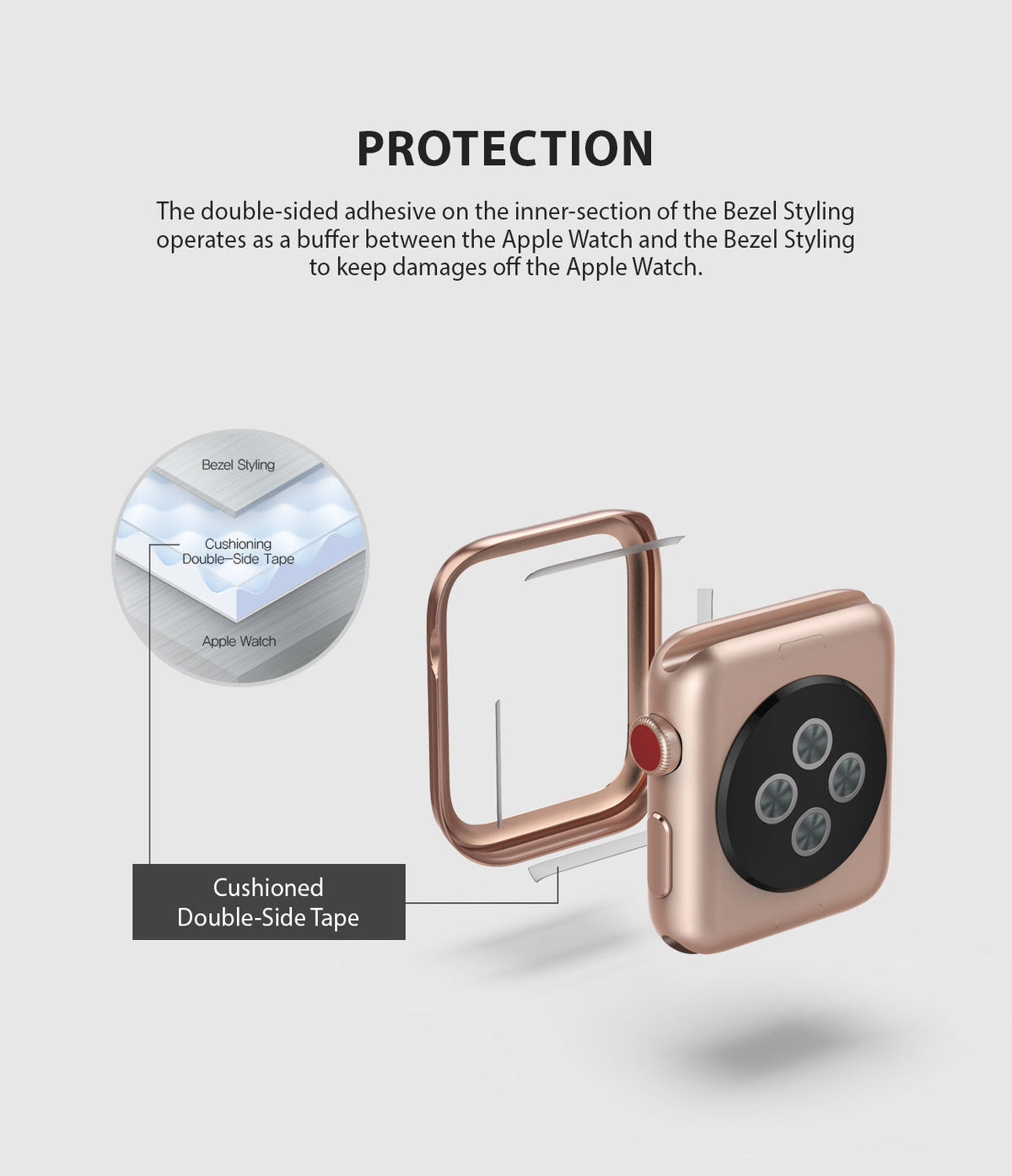 Apple Watch Series 3 / 2 / 1 (42mm) | Premium Bezel Styling H - Diagram showing adhesive tape between watch and bezel.