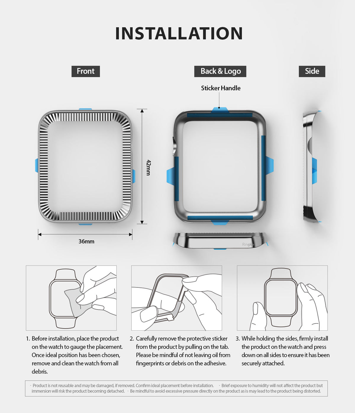 Apple Watch Series 3 / 2 / 1 (42mm) | Premium Bezel Styling O - Installation guide showing bezel dimensions and steps.