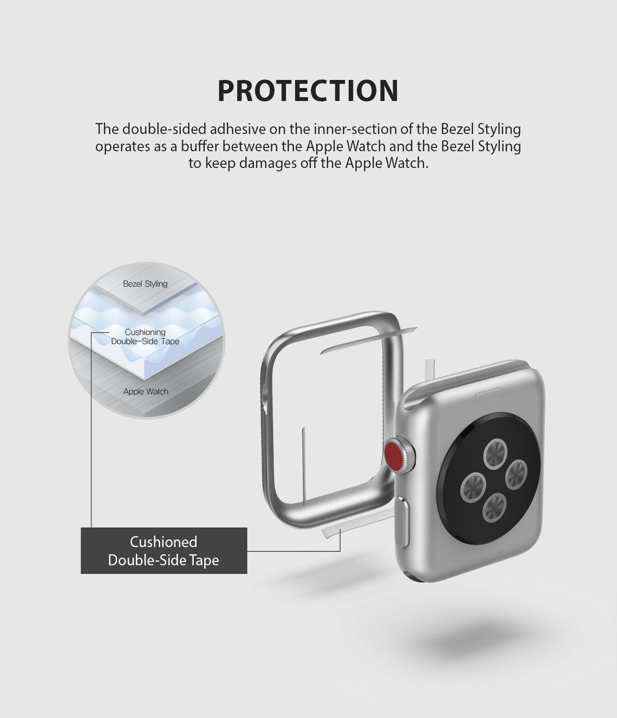 Apple Watch Series 3 / 2 / 1 (42mm) | Premium Bezel Styling O - Diagram showing adhesive tape between watch and bezel.
