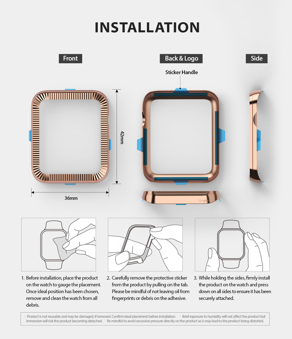 Apple Watch Series 3 / 2 / 1 (42mm) | Premium Bezel Styling O - Installation guide showing bezel dimensions and steps.