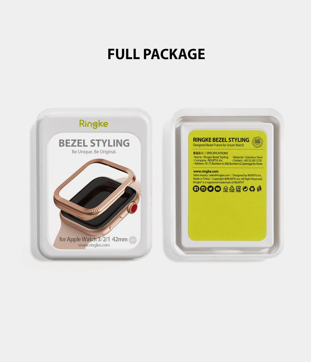 Apple Watch Series 3 / 2 / 1 (42mm) | Premium Bezel Styling O - Front and back of Ringke Bezel Styling retail packaging.