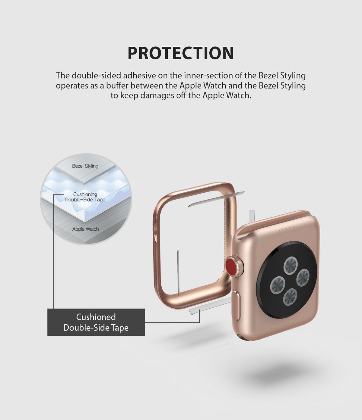 Apple Watch Series 3 / 2 / 1 (42mm) | Premium Bezel Styling O - Diagram showing adhesive tape between watch and bezel.
