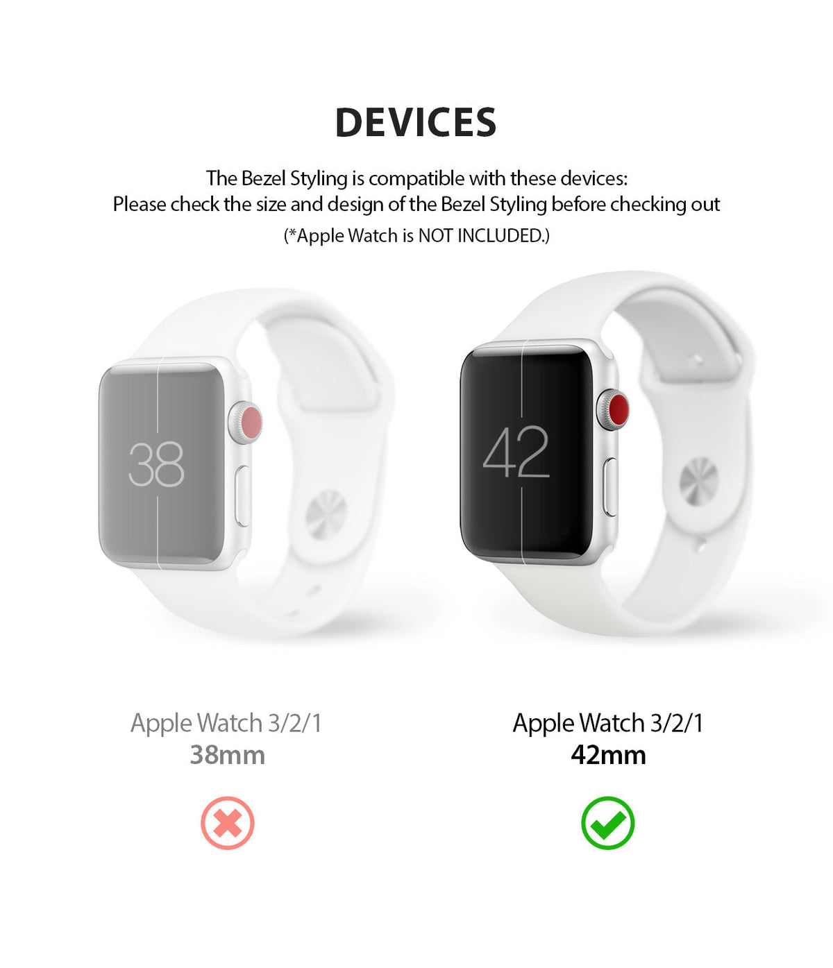 Apple Watch 3 / 2 / 1 (42mm) | Bezel Styling - Comparison of 38mm and 42mm Apple Watches with a checkmark for 42mm compatibility.
