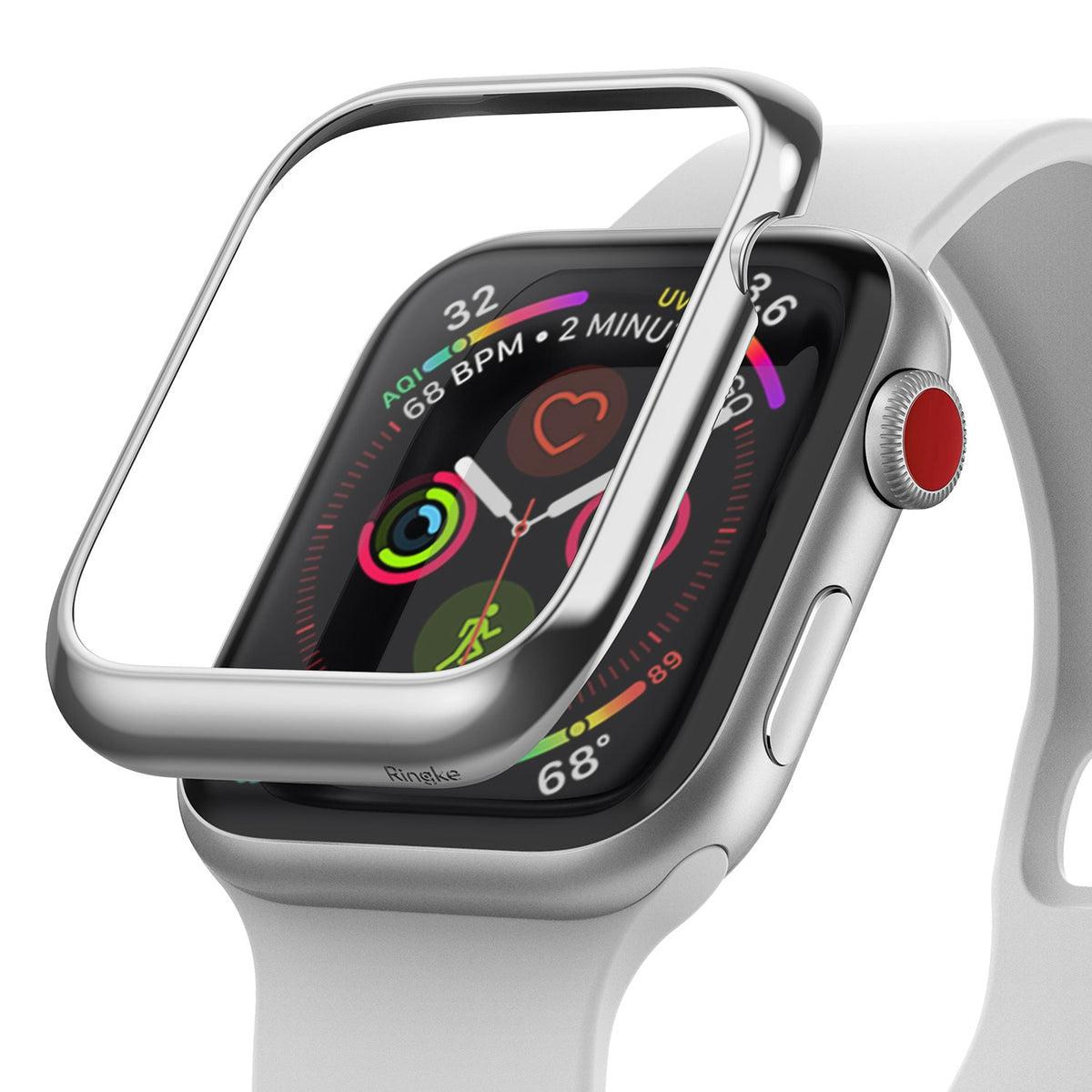 Apple Watch 3 / 2 / 1 (42mm) | Bezel Styling - A silver metal bezel cover hovering above an Apple Watch with a white band.