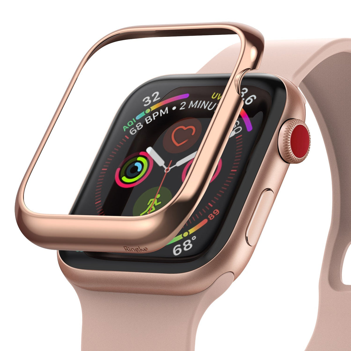 Apple Watch 3 / 2 / 1 (42mm) | Bezel Styling - Rose gold metal bezel accessory hovering above an Apple Watch face.