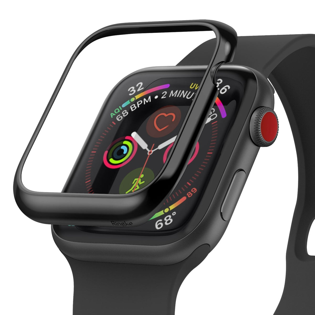Apple Watch 3 / 2 / 1 (42mm) | Bezel Styling - A black adhesive bezel frame hovering above an Apple Watch face.