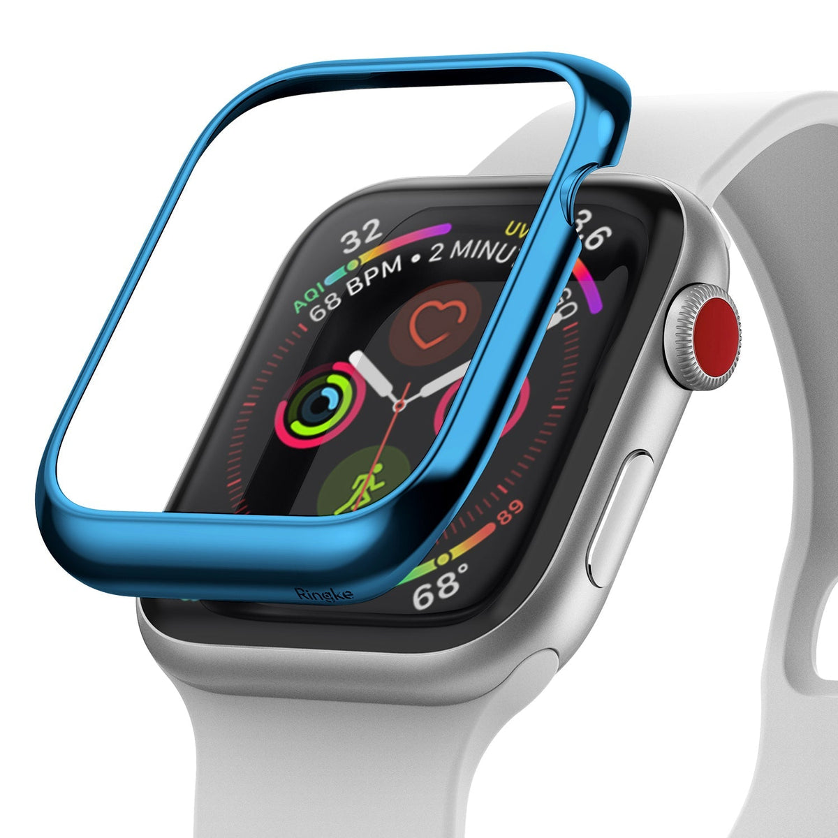 Apple Watch 3 / 2 / 1 (42mm) | Bezel Styling - A metallic blue bezel cover hovering above an Apple Watch with a white band.