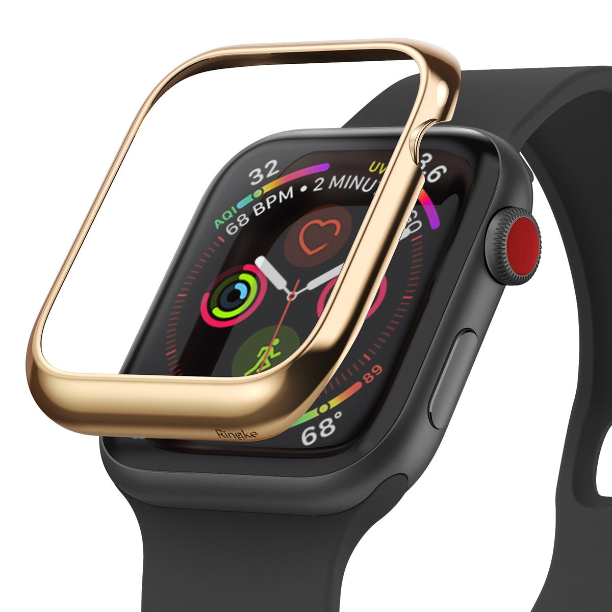Apple Watch 3 / 2 / 1 (42mm) | Bezel Styling - A gold-colored adhesive bezel ring hovering above a black Apple Watch.