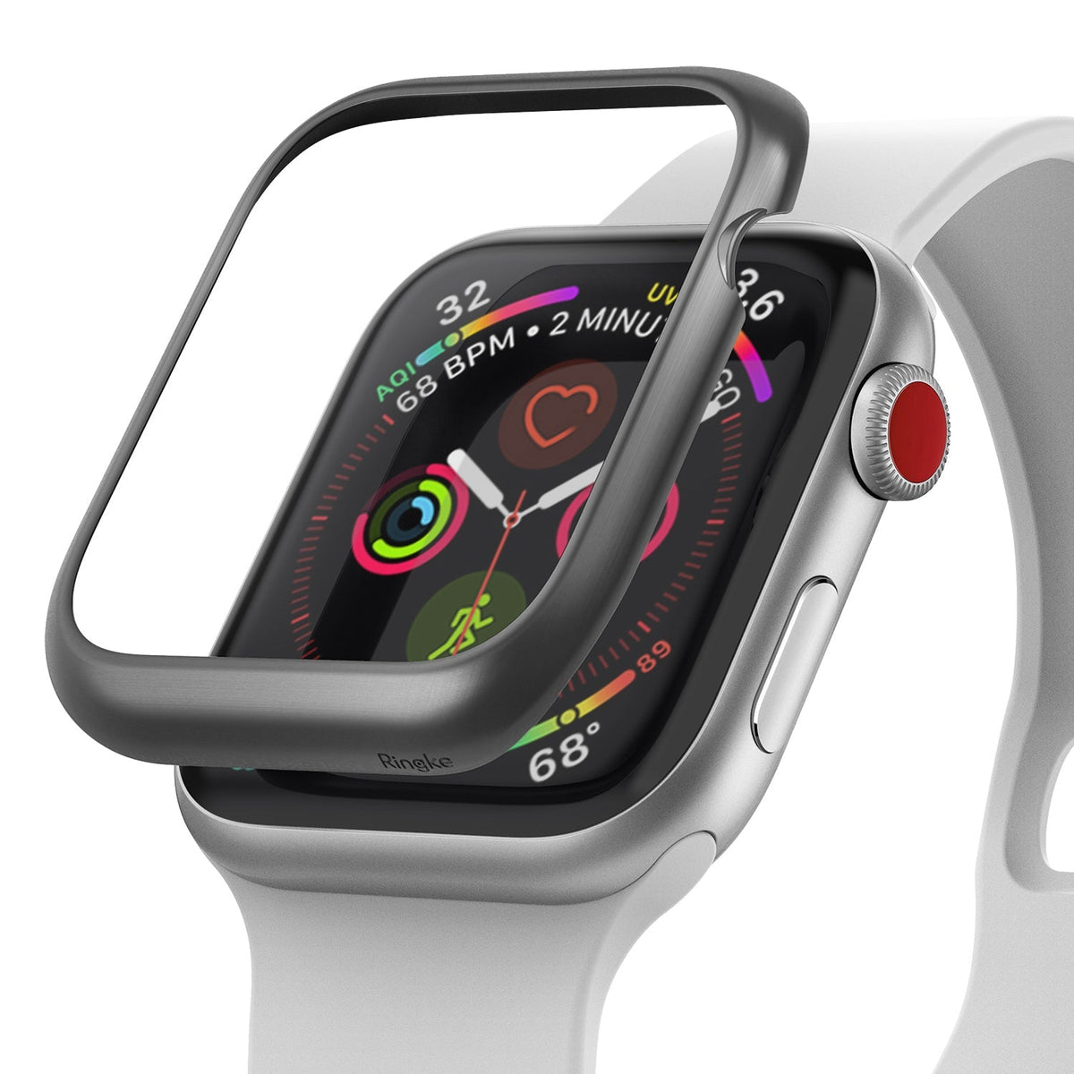 Apple Watch 3 / 2 / 1 (42mm) | Bezel Styling - A dark metal bezel accessory hovering above an Apple Watch face.