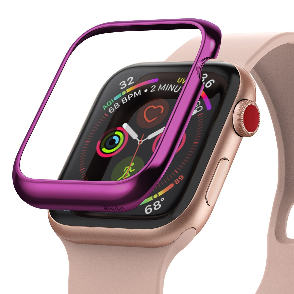 Apple Watch 3 / 2 / 1 (42mm) | Bezel Styling - A metallic purple bezel accessory hovering above a rose gold Apple Watch.