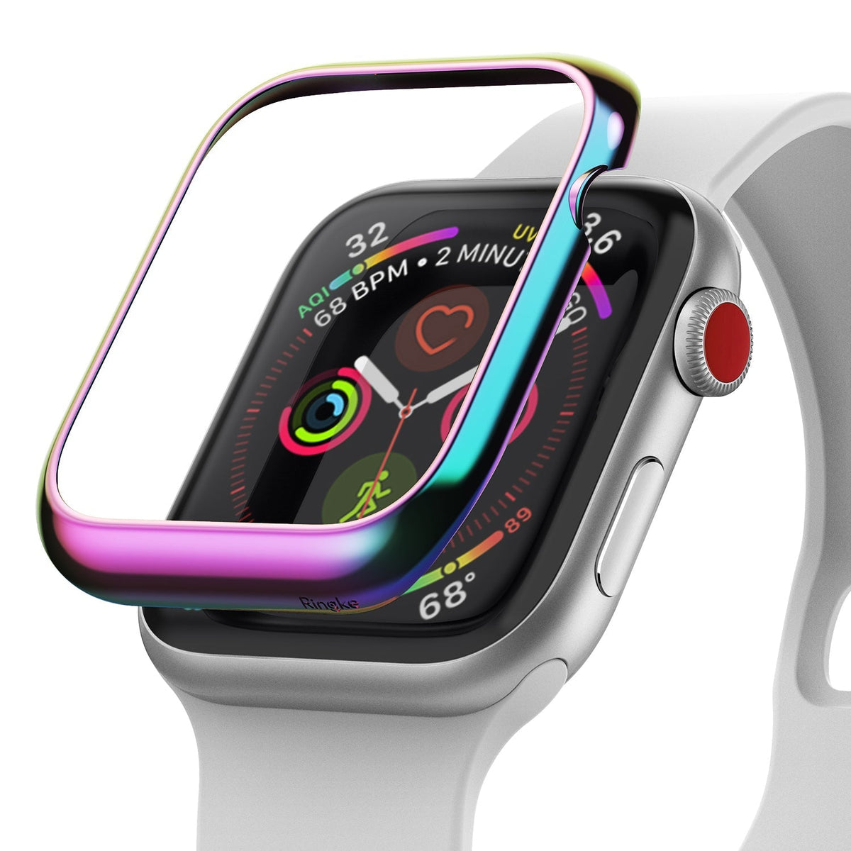 Apple Watch 3 / 2 / 1 (42mm) | Bezel Styling - Iridescent rainbow-colored metal bezel cover hovering above a silver Apple Watch.