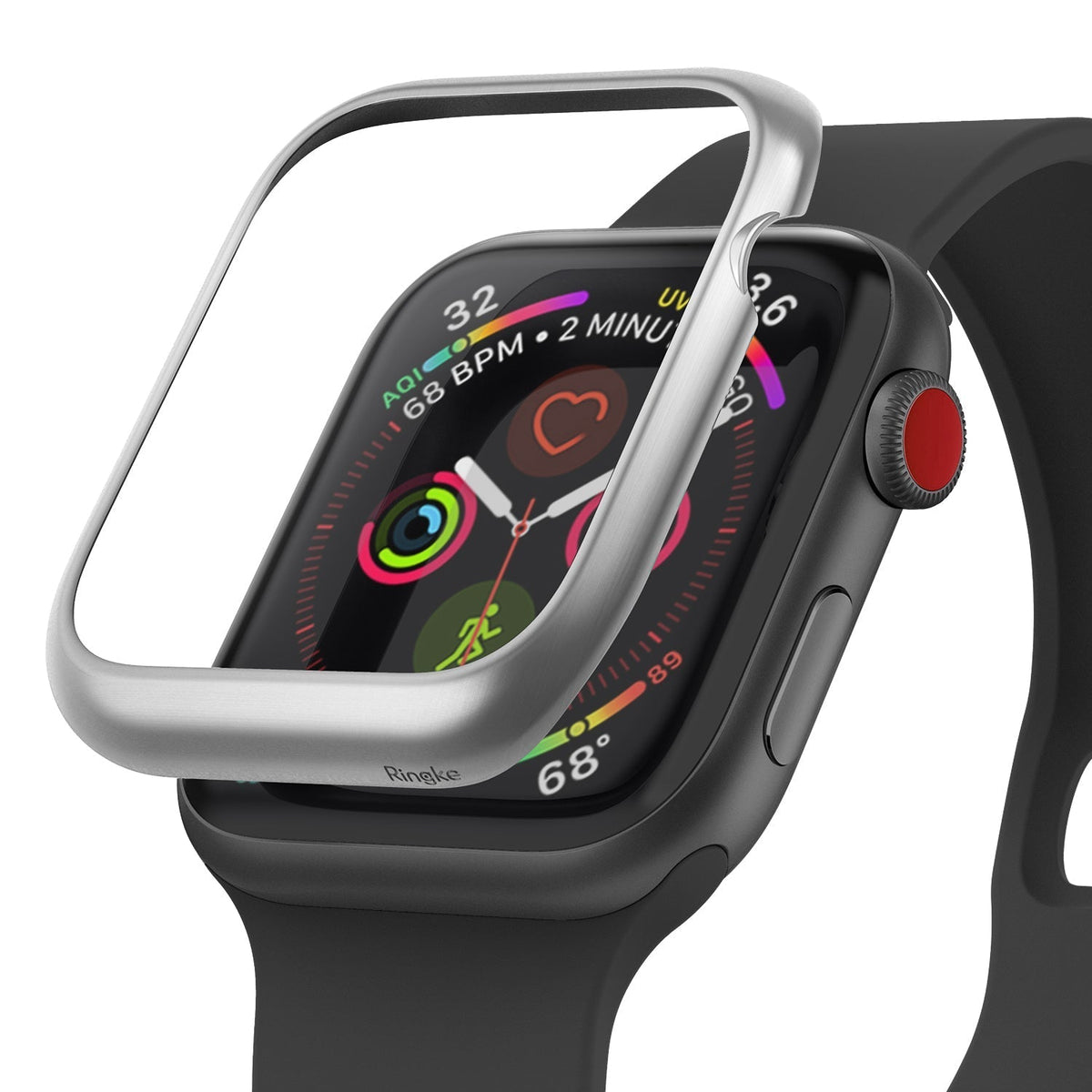 Apple Watch 3 / 2 / 1 (42mm) | Bezel Styling - A silver metallic bezel accessory hovering above a black Apple Watch.