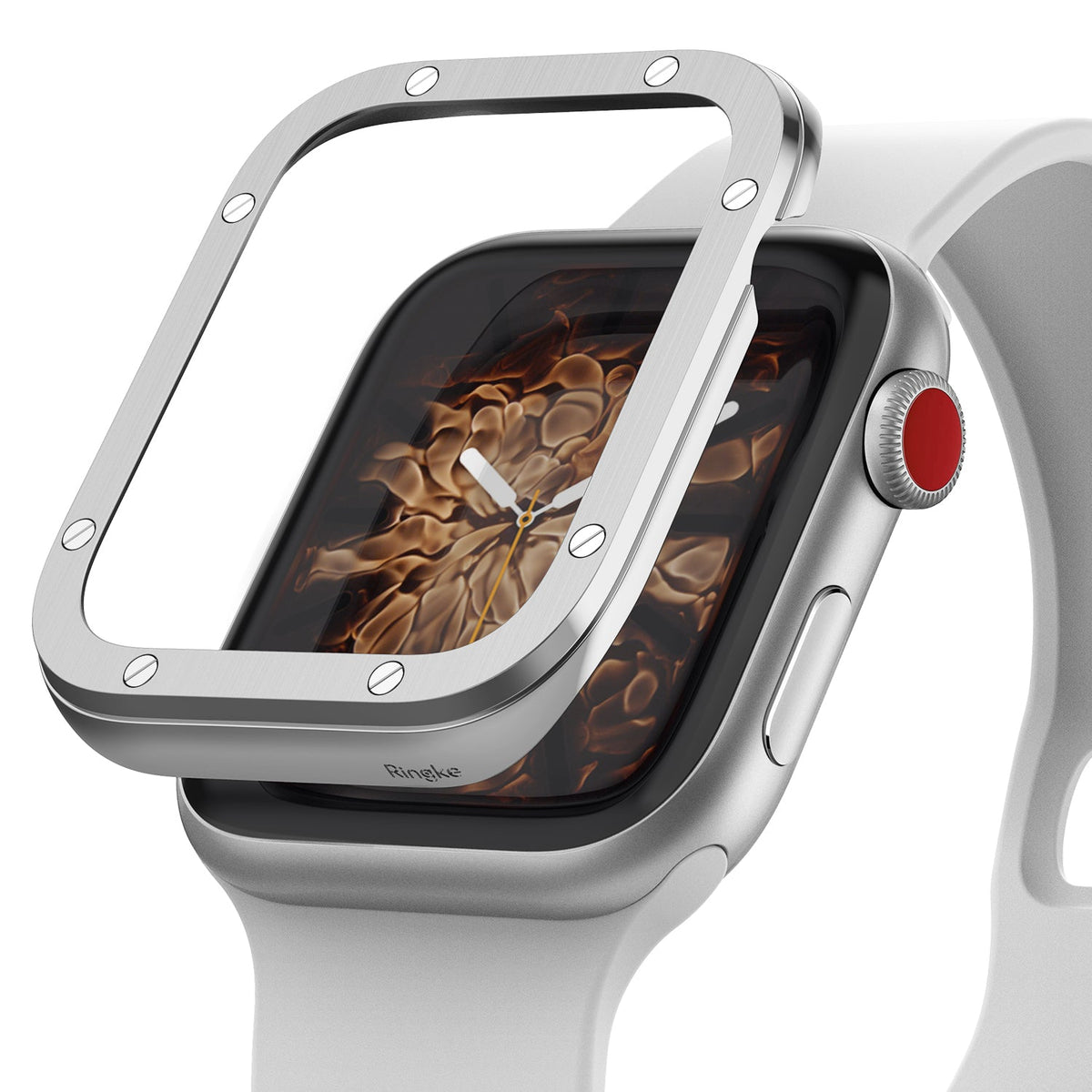 Apple Watch Series 3 / 2 / 1 (42mm) | Premium Bezel Styling H - Brushed metal bezel cover hovering above an Apple Watch.