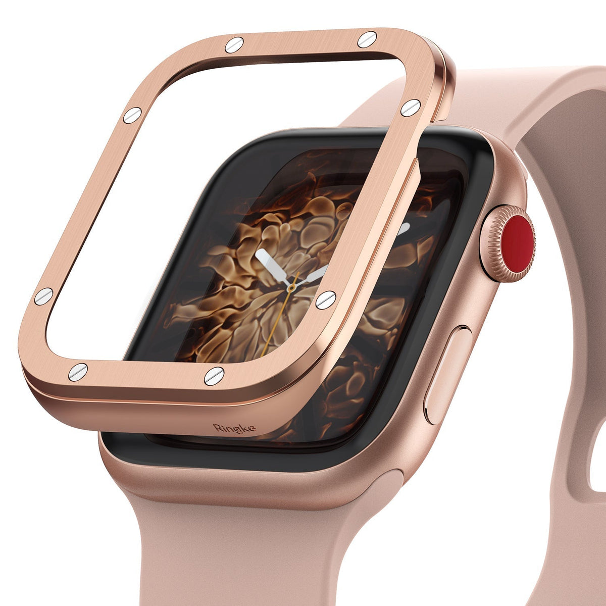 Apple Watch Series 3 / 2 / 1 (42mm) | Premium Bezel Styling H - Rose gold metal bezel cover hovering over an Apple Watch.