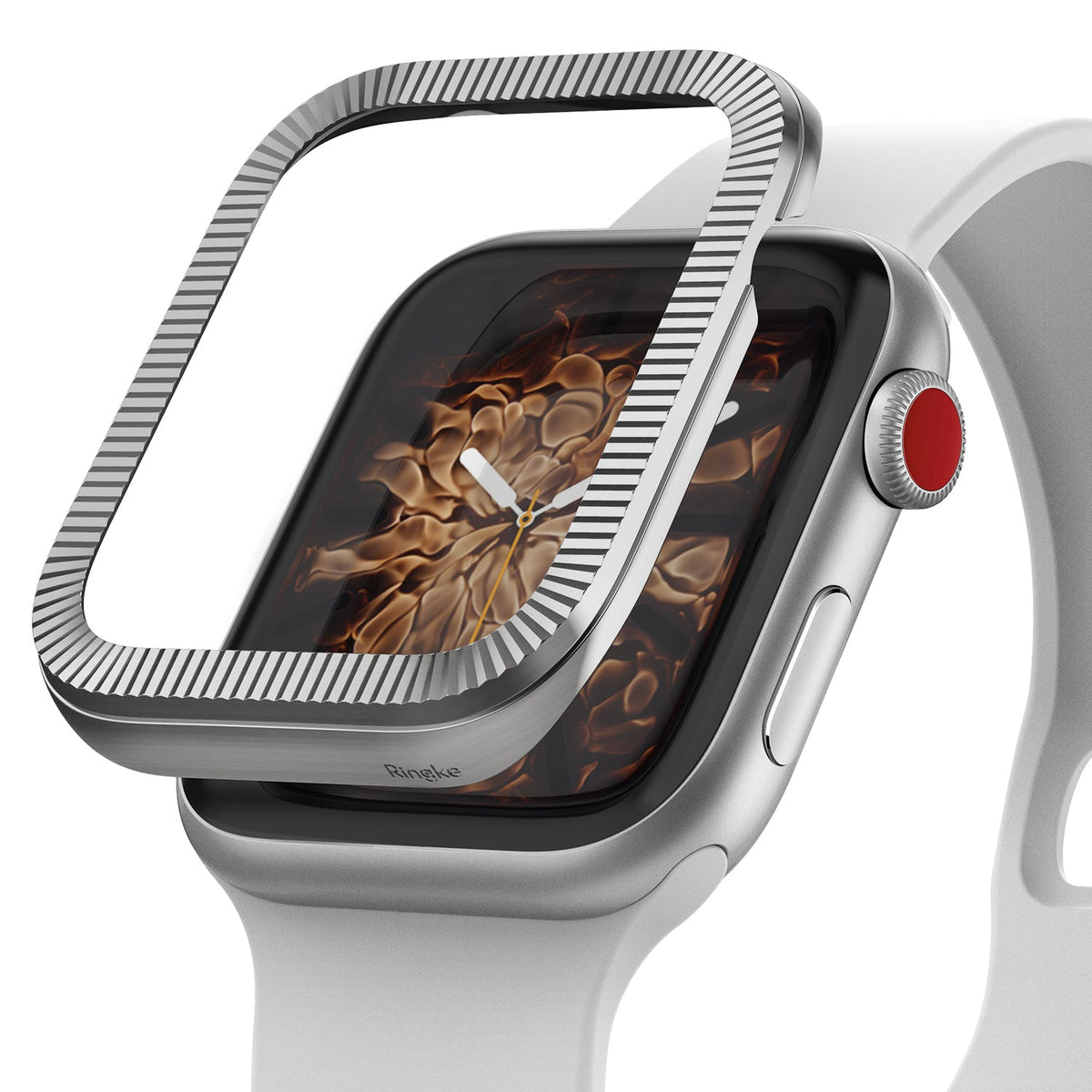 Apple Watch Series 3 / 2 / 1 (42mm) | Premium Bezel Styling O - Silver ribbed bezel accessory hovering over an Apple Watch.