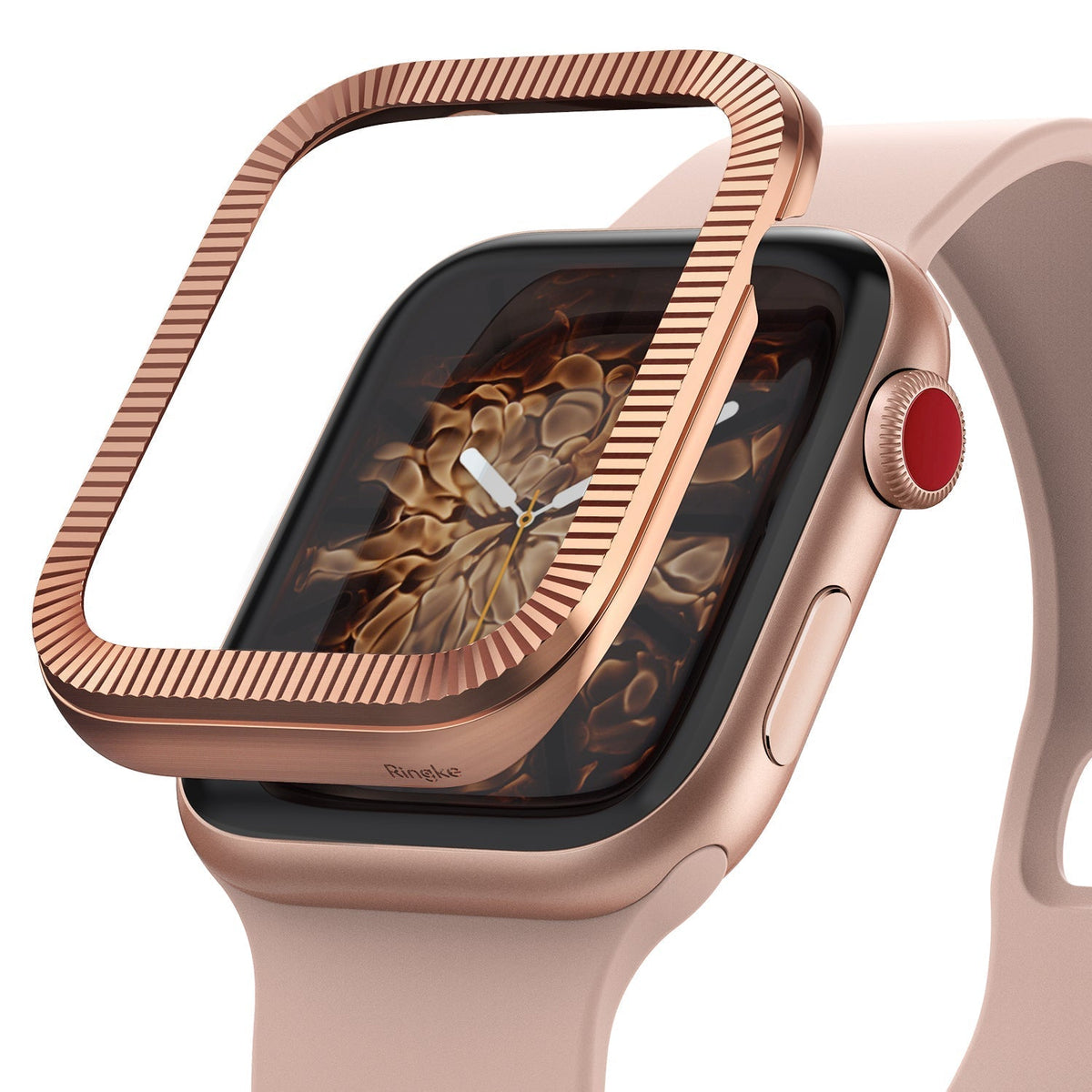 Apple Watch Series 3 / 2 / 1 (42mm) | Premium Bezel Styling O - Rose gold ridged bezel hovering over an Apple Watch.