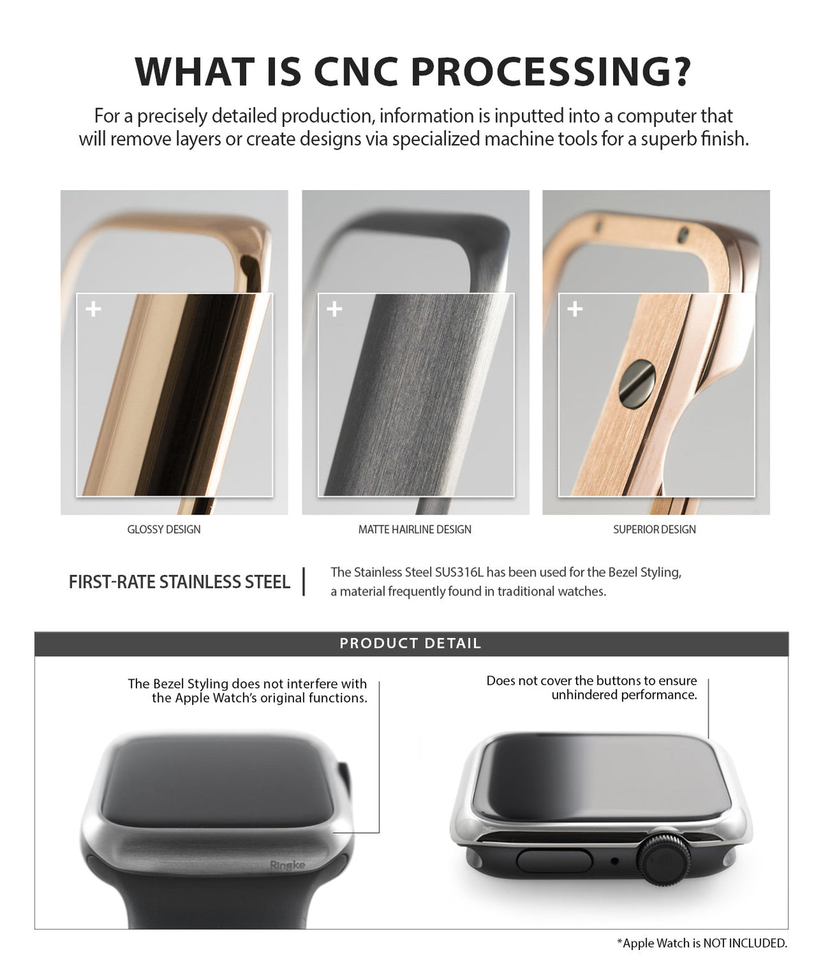 Apple Watch 3 / 2 / 1 (42mm) | Bezel Styling - Infographic showing CNC-machined stainless steel watch bezel finishes.