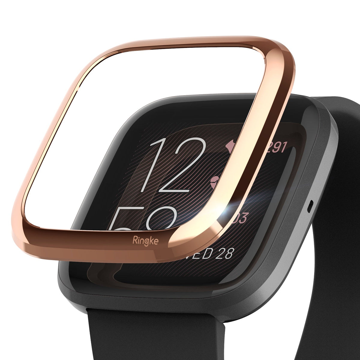 Fitbit Versa 2 | Bezel Styling 02 - Rose gold metal bezel accessory hovering above a black Fitbit Versa 2 smartwatch.