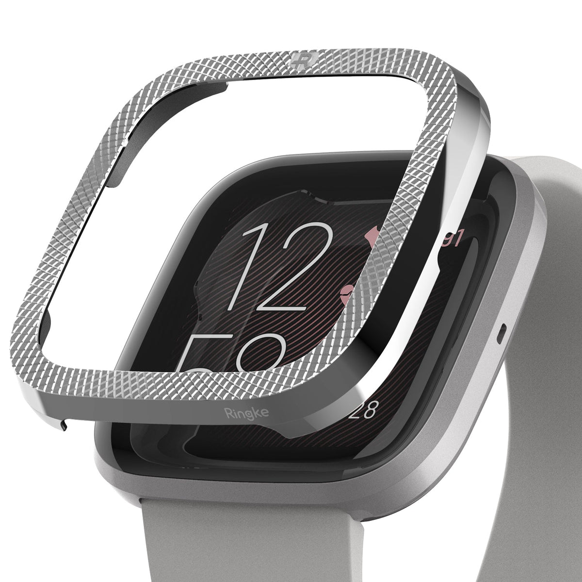 Fitbit Versa 2 | Bezel Styling 42 - Silver textured bezel accessory hovering above a Fitbit Versa 2 smartwatch.
