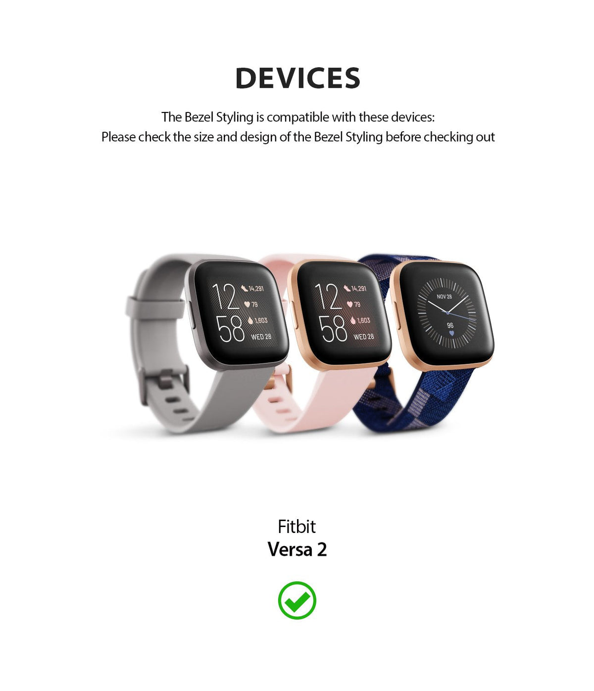 Fitbit Versa 2 | Bezel Styling 42 - Three Fitbit Versa 2 smartwatches with different colored bands and bezel styles.