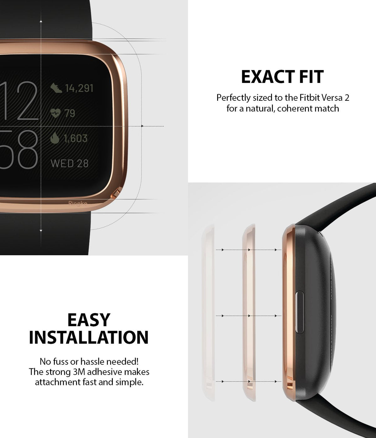 Fitbit Versa 2 | Bezel Styling 02 - Rose gold bezel accessory showing precise fit and easy adhesive installation on a watch.