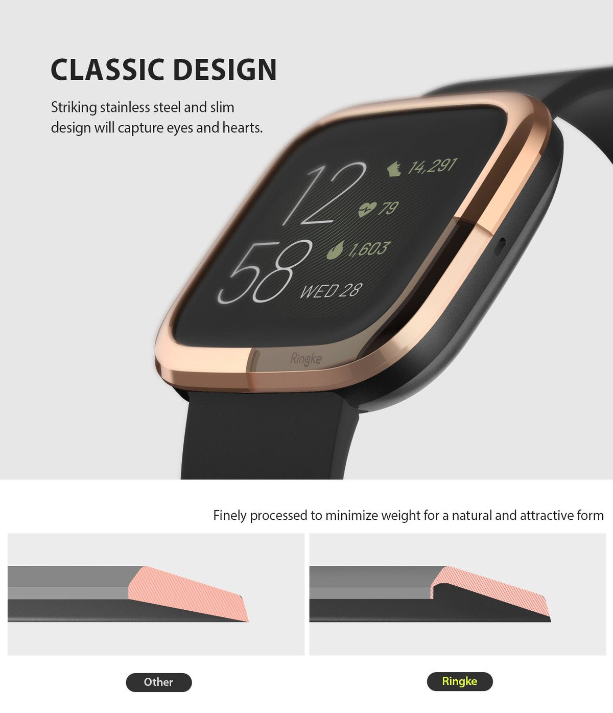 Fitbit Versa 2 | Bezel Styling 02 - Rose gold stainless steel bezel on a black Fitbit Versa 2 with a profile comparison.