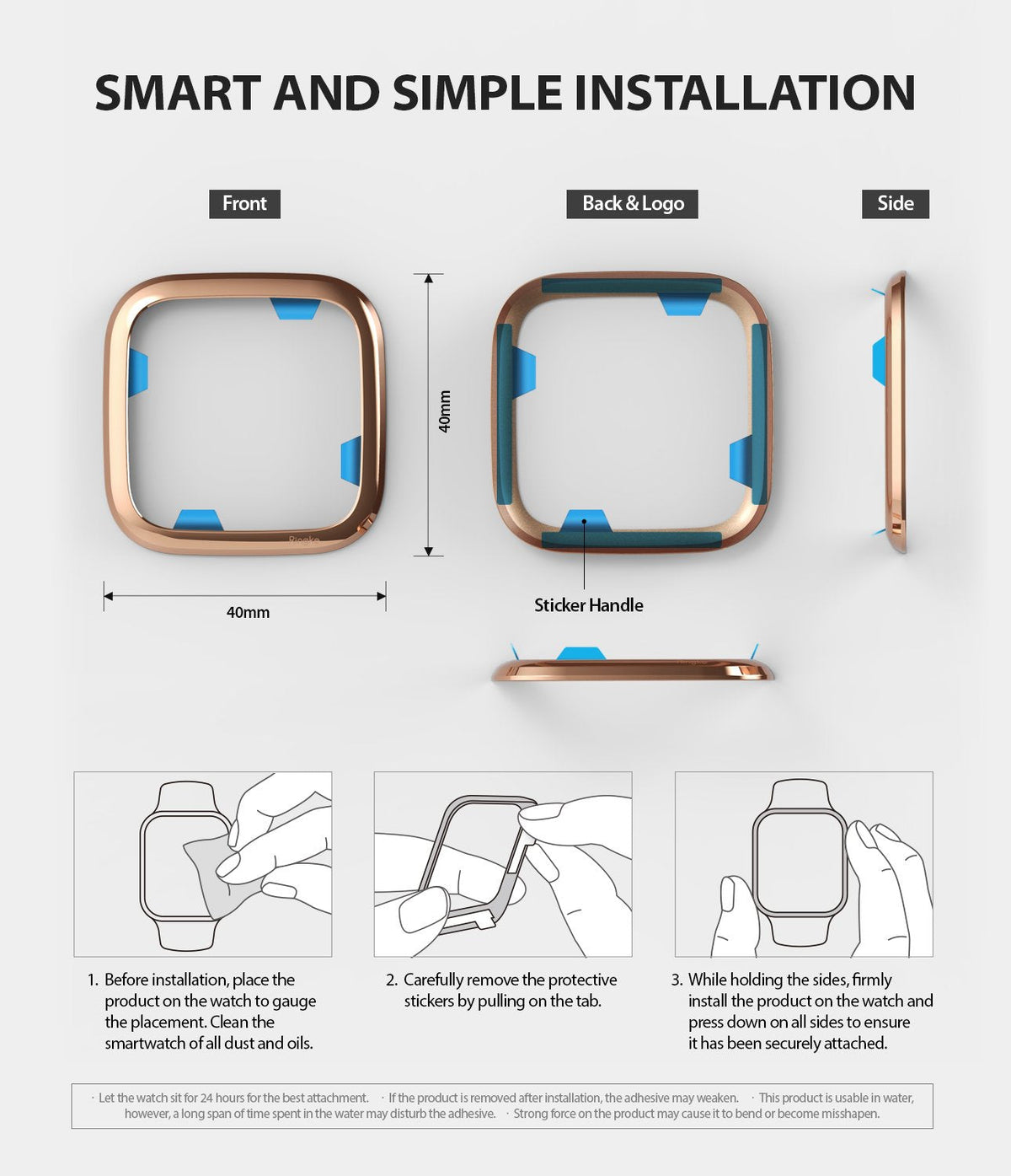 Fitbit Versa 2 | Bezel Styling 02 - Installation guide showing a rose gold watch bezel with adhesive tabs and three steps.