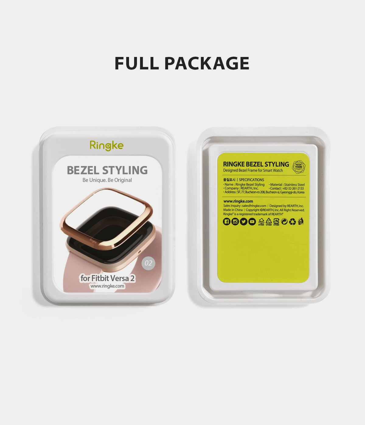 Fitbit Versa 2 | Bezel Styling 02 - Front and back view of Ringke bezel styling packaging for Fitbit Versa 2 smartwatches.